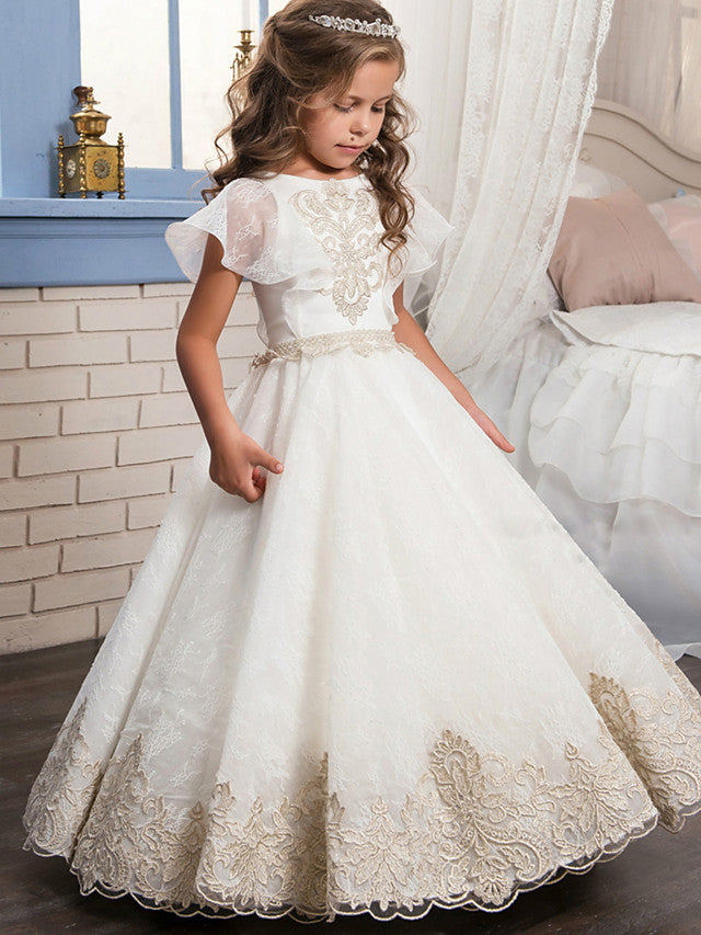 Long Ball Gown Tulle Lace Wedding Birthday Pageant Flower Girl Dresses-27dress