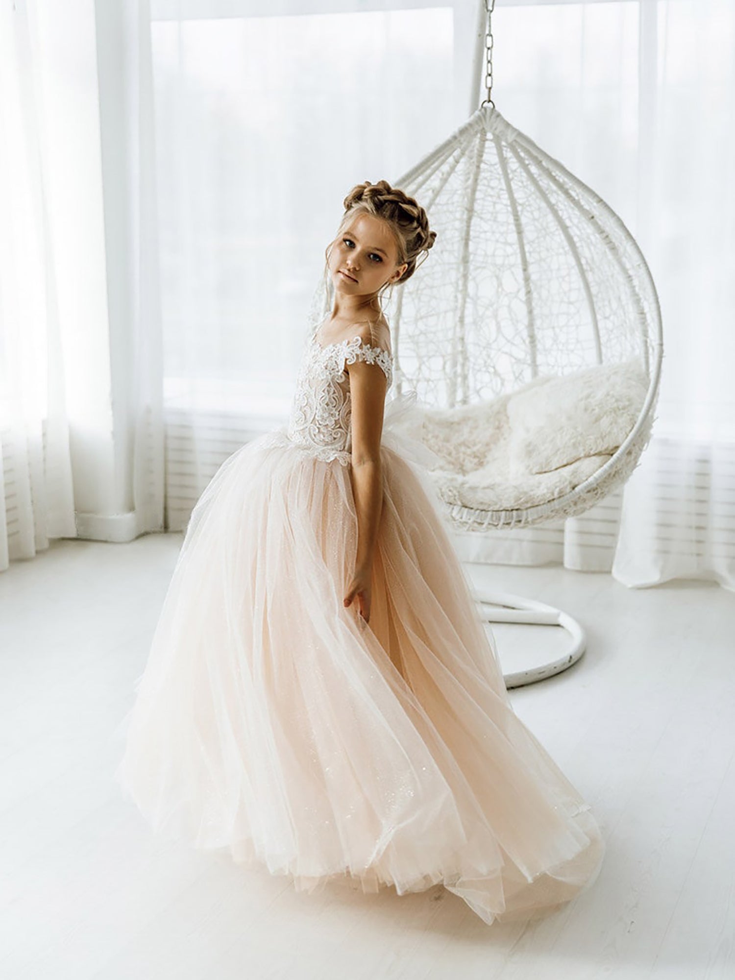 Long Ball Gown Tulle Open Back Boho Flower Girl Dresses with bow-27Dress