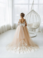 Long Ball Gown Tulle Open Back Boho Flower Girl Dresses with bow-27Dress