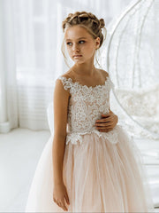 Long Ball Gown Tulle Open Back Boho Flower Girl Dresses with bow-27Dress