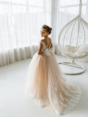 Long Ball Gown Tulle Open Back Boho Flower Girl Dresses with bow-27Dress