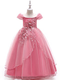 Long Ball Gown Tulle Sleeveless Off The Shoulder Wedding Party Flower Girl Dresses-27dress