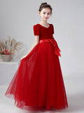 Long Ball Gown Velvet Bateau Neck Wedding Party Flower Girl Dresses with Sleeves-27dress