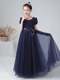 Long Ball Gown Velvet Bateau Neck Wedding Party Flower Girl Dresses with Sleeves-27dress