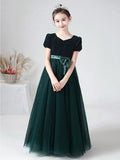 Long Ball Gown Velvet Bateau Neck Wedding Party Flower Girl Dresses with Sleeves-27dress