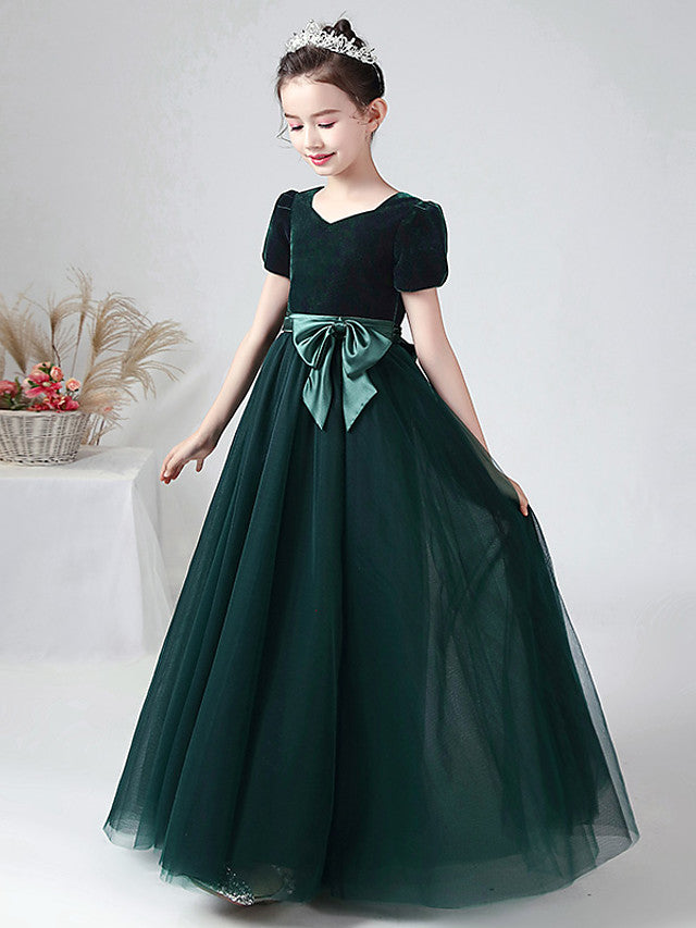 Long Ball Gown Velvet Bateau Neck Wedding Party Flower Girl Dresses with Sleeves-27dress