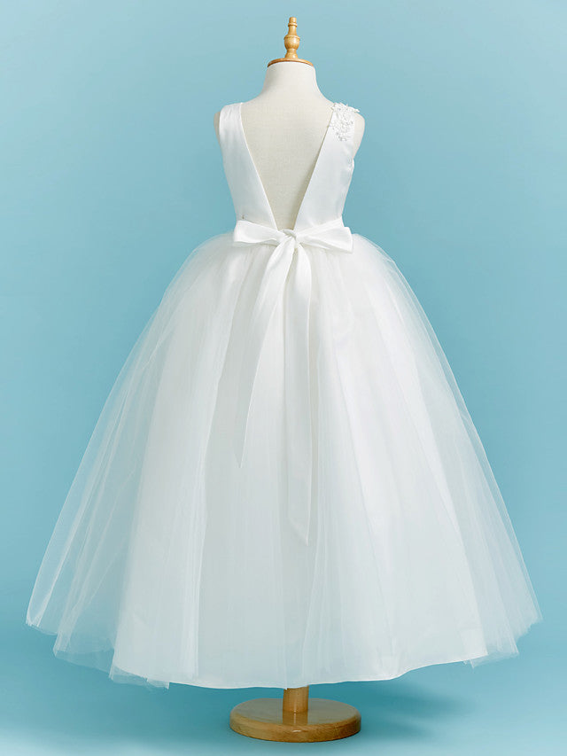 Long Flower Girl Dresses Ball Gown Crew Neck Lace Tulle Junior Bridesmaid Dress-27dress