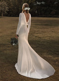 Long Mermaid Cowl Back Satin Backless Wedding Dress With Sleeves-27dress