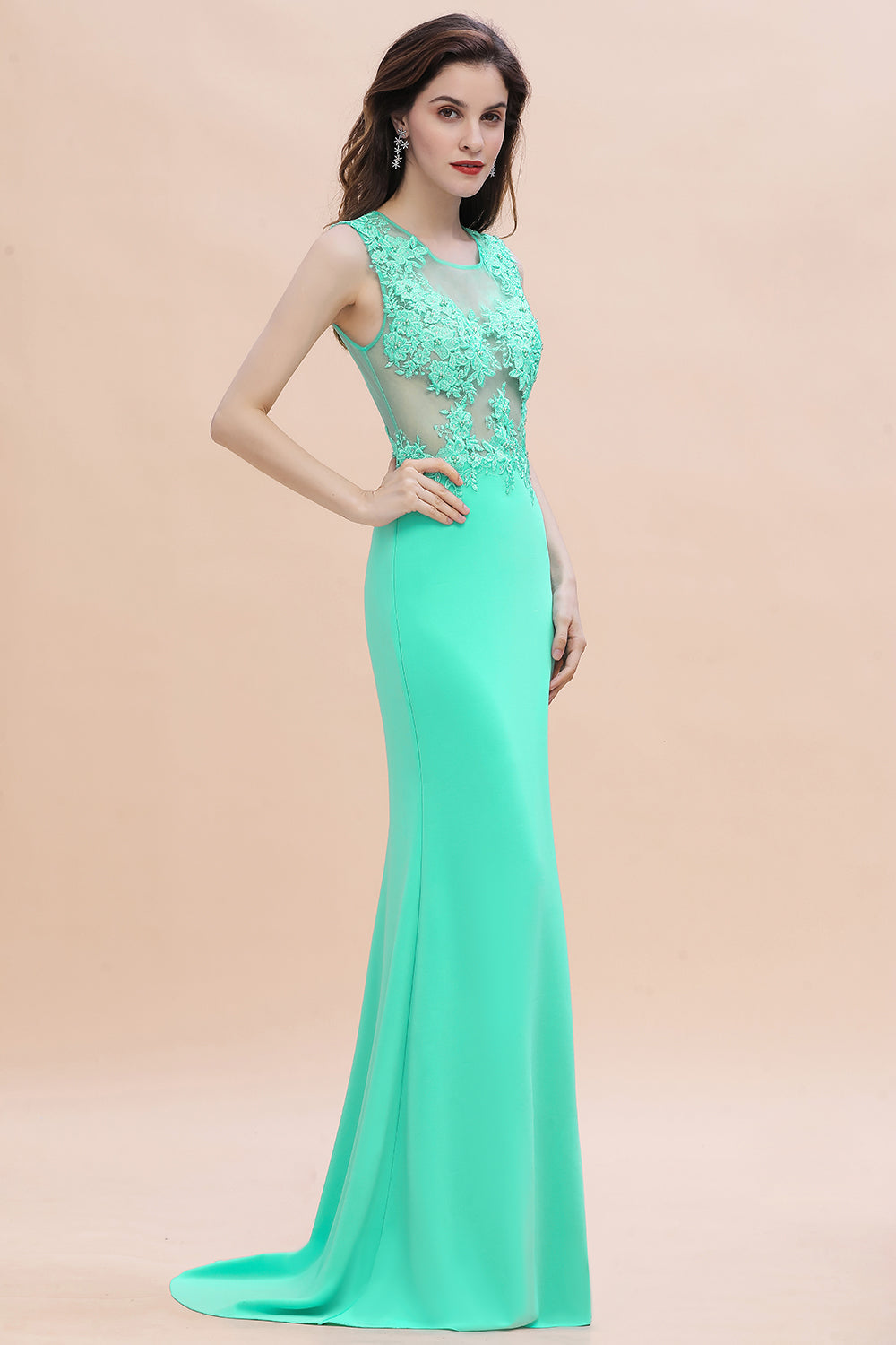 Long Mermaid Crew Neck Satin Floor Length Prom Dress with Lace Appliques-27dress