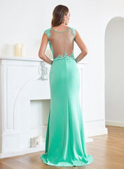 Long Mermaid Crew Neck Satin Floor Length Prom Dress with Lace Appliques-27dress