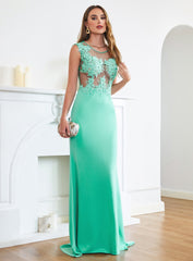 Long Mermaid Crew Neck Satin Floor Length Prom Dress with Lace Appliques-27dress