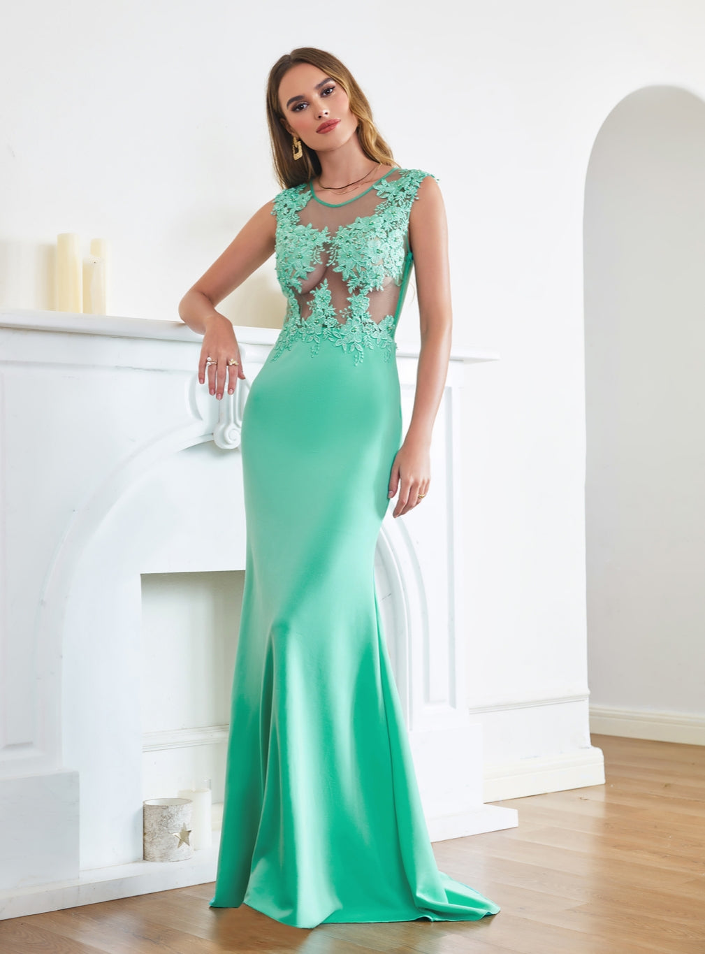 Long Mermaid Crew Neck Satin Floor Length Prom Dress with Lace Appliques-27dress