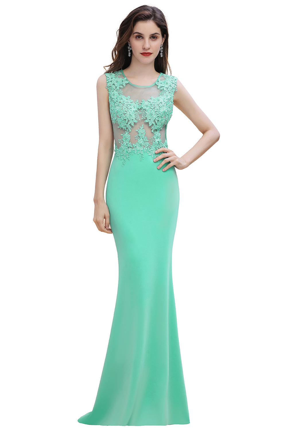 Long Mermaid Crew Neck Satin Floor Length Prom Dress with Lace Appliques-27dress