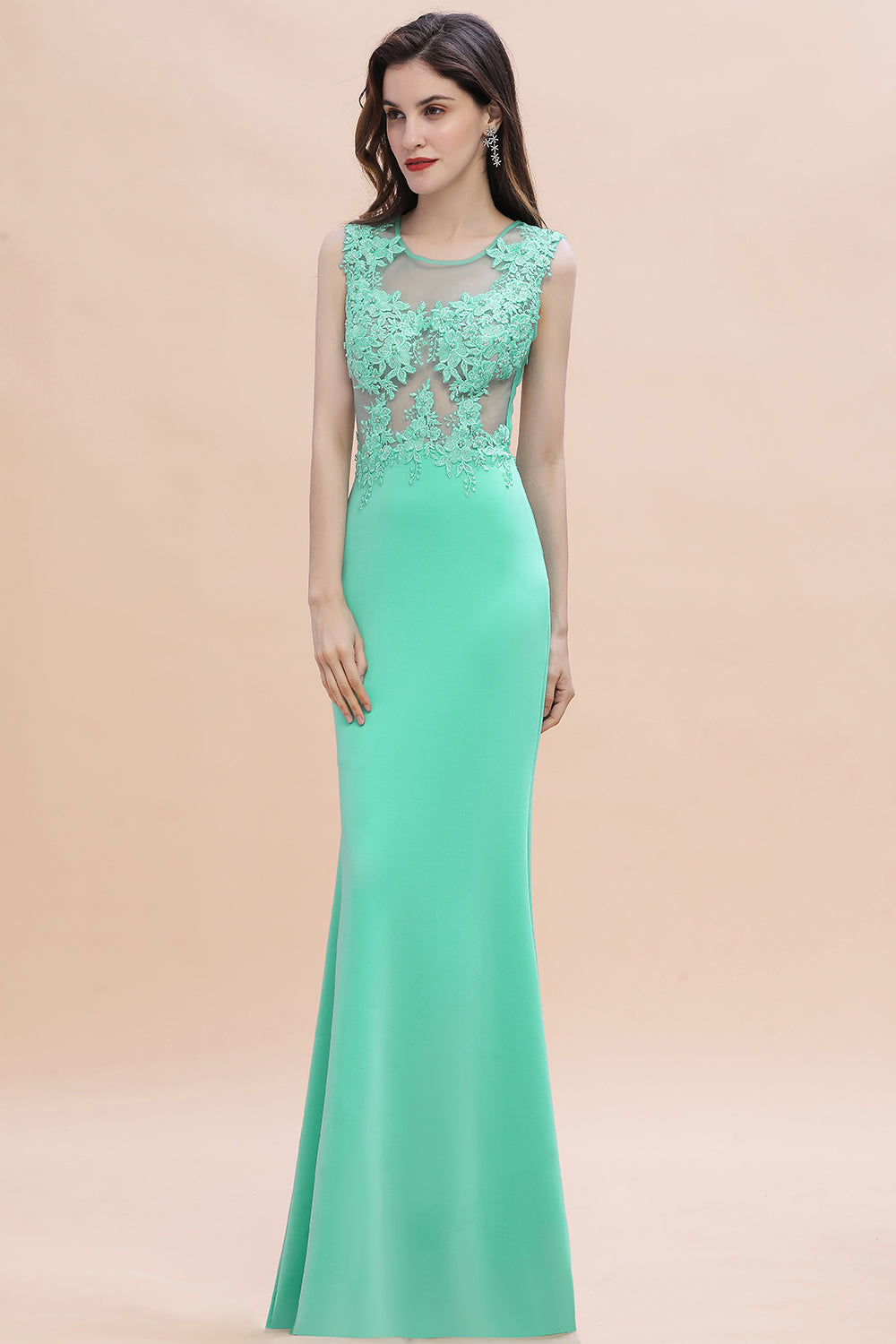 Long Mermaid Crew Neck Satin Floor Length Prom Dress with Lace Appliques-27dress