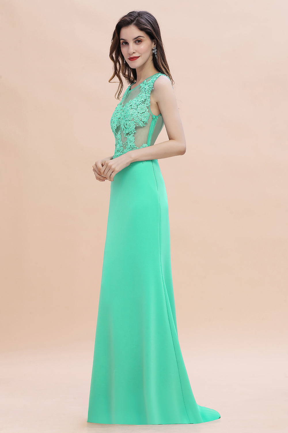 Long Mermaid Crew Neck Satin Floor Length Prom Dress with Lace Appliques-27dress