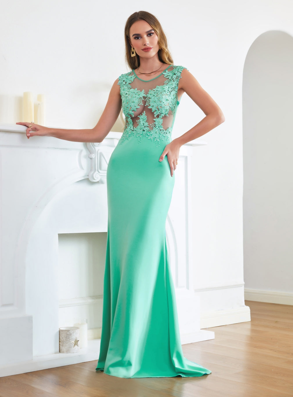 Long Mermaid Crew Neck Satin Floor Length Prom Dress with Lace Appliques-27dress