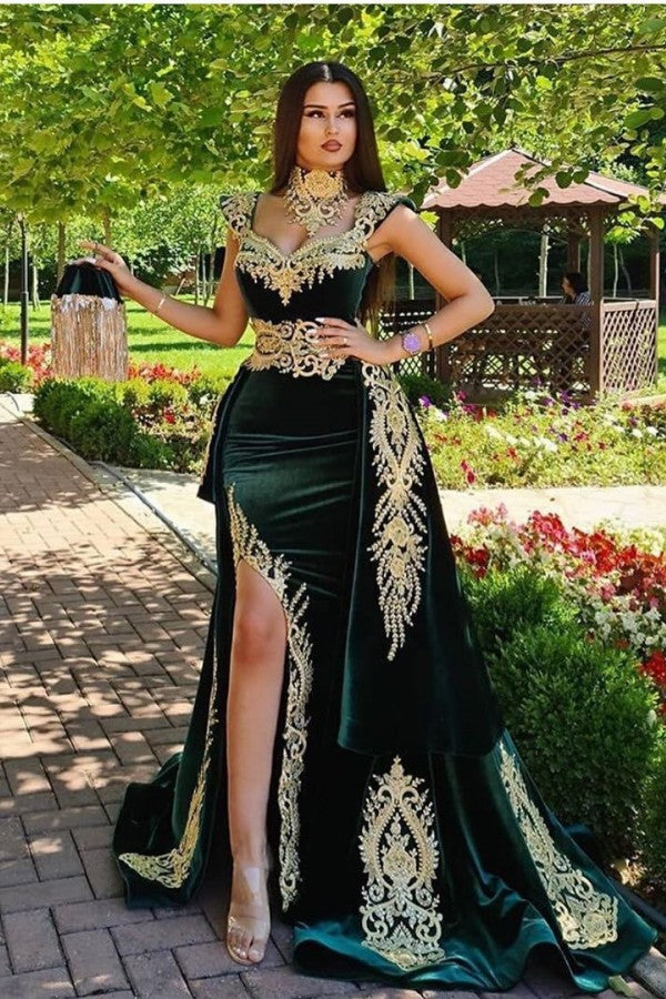 Long Mermaid Dark Green Evening Dresses with Gold Lace appliques-27Dress