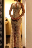 Long Mermaid Halter Lace Beading Evening Party Dresses with Slit-27Dress