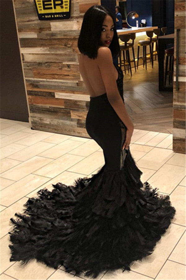 Long Mermaid Halter Open Back Appliques Black Prom Dress-27Dress