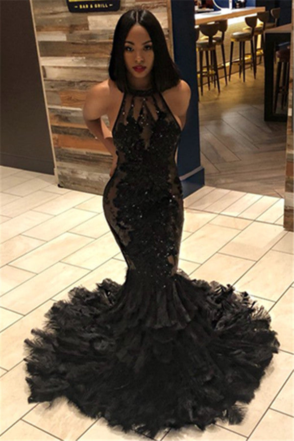 Long Mermaid Halter Open Back Appliques Black Prom Dress-27Dress