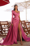 Long Mermaid One Shoulder Front Slit Prom Dresses with Sleeves-27Dress