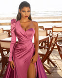 Long Mermaid One Shoulder Front Slit Prom Dresses with Sleeves-27Dress