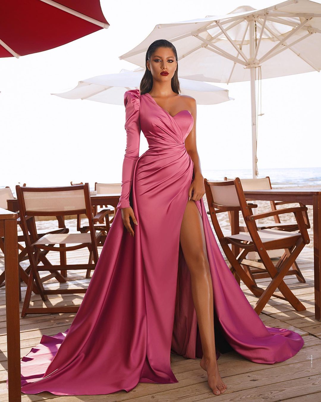 Long Mermaid One Shoulder Front Slit Prom Dresses with Sleeves-27Dress