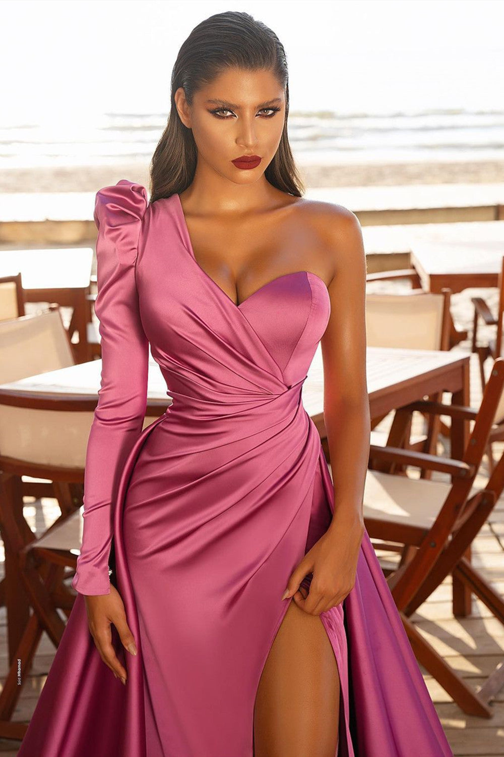 Long Mermaid One Shoulder Front Slit Prom Dresses with Sleeves-27Dress