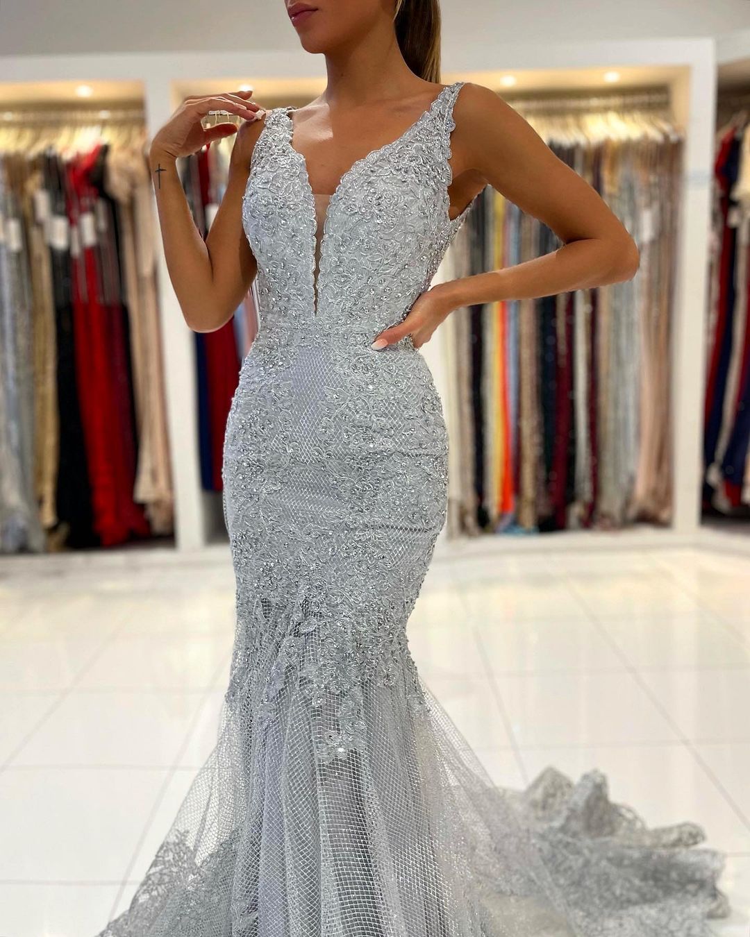 Long Mermaid Open Back V-neck Tulle Lace Prom Dress-27Dress