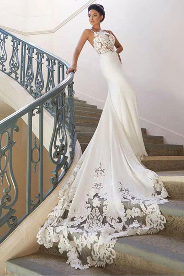 Long Mermaid Spaghetti Strap Lace Backless Wedding Dress-27Dress