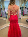 Long Mermaid Spaghetti Straps Tulle Lace Open Back Prom Dress Red Formal Evening Gowns-27Dress