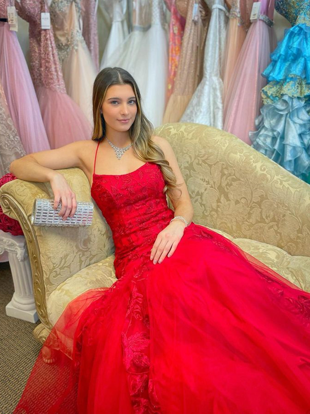 Long Mermaid Spaghetti Straps Tulle Lace Open Back Prom Dress Red Formal Evening Gowns-27Dress