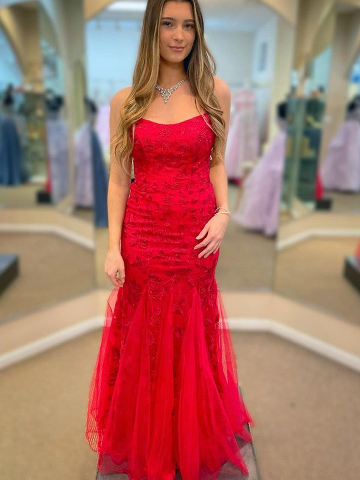 Long Mermaid Spaghetti Straps Tulle Lace Open Back Prom Dress Red Formal Evening Gowns-27Dress