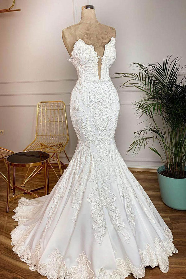 Long Mermaid Strapless Appliques Lace Satin Wedding Dress-27Dress