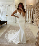 Long Mermaid V-neck Appliques Lace Satin Backless Wedding Dress-27Dress