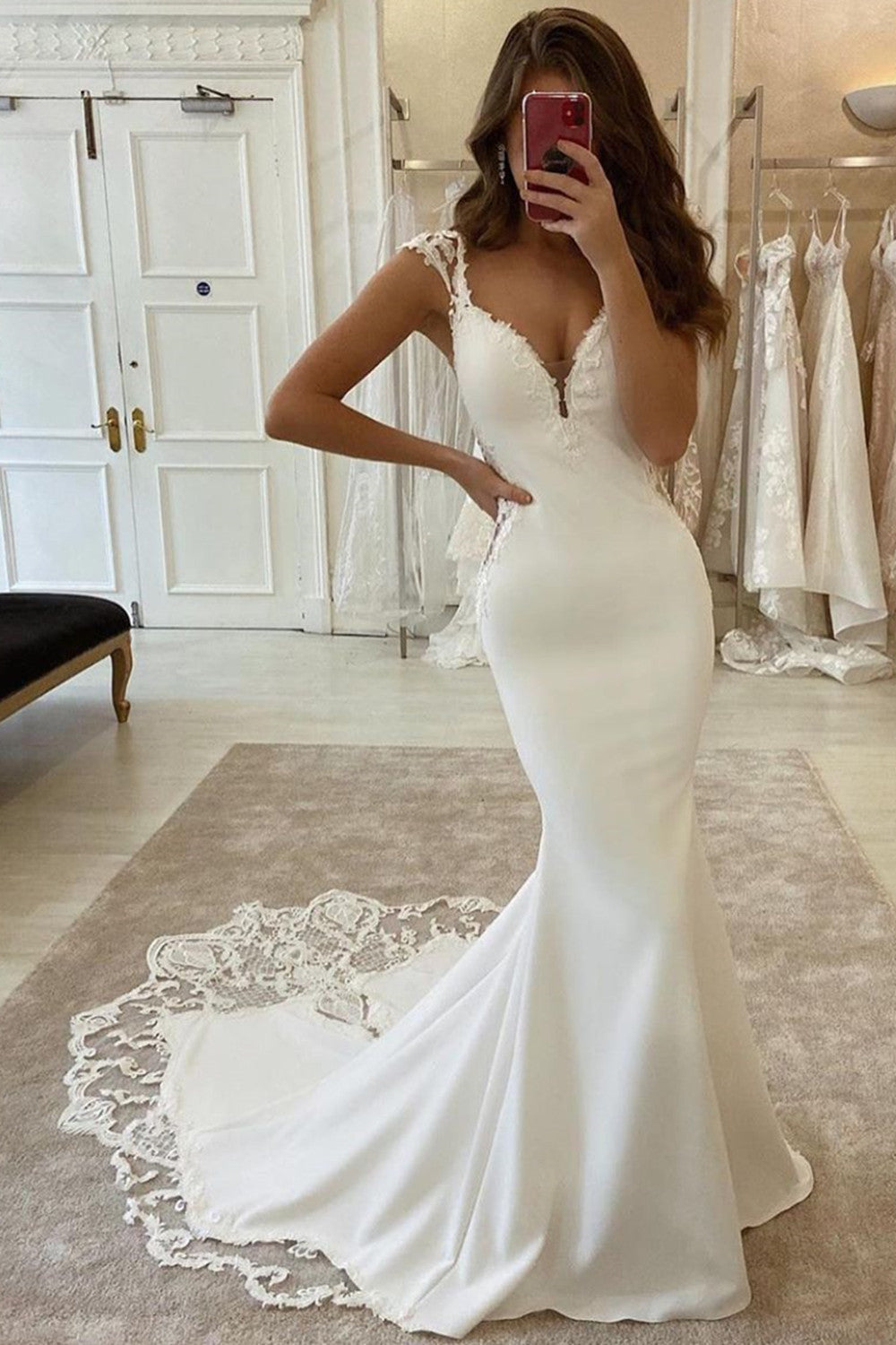 Long Mermaid V-neck Appliques Lace Satin Backless Wedding Dress-27Dress