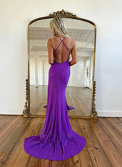 Long Mermaid V-neck Sleeveless Sequined Backless Prom Dresses with Slit-27dress