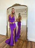 Long Mermaid V-neck Sleeveless Sequined Backless Prom Dresses with Slit-27dress