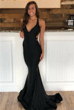 Long Mermaid V-neck Spaghetti Straps Backless Black Prom Dress-27Dress