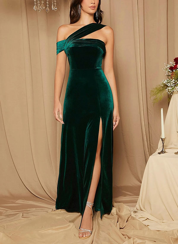 Long One Shoulder Velvet Mermaid Evening Prom Dress with Slit-27dress