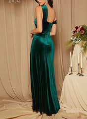 Long One Shoulder Velvet Mermaid Evening Prom Dress with Slit-27dress