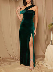 Long One Shoulder Velvet Mermaid Evening Prom Dress with Slit-27dress