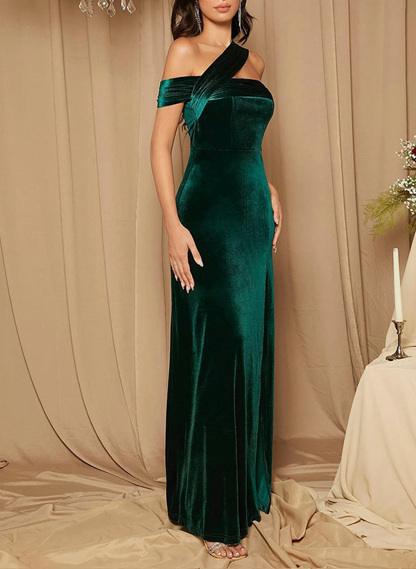 Long One Shoulder Velvet Mermaid Evening Prom Dress with Slit-27dress