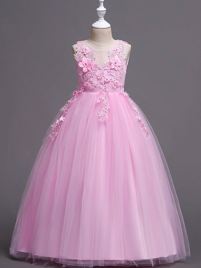 Long Princess Ball Gown Satin Tulle Wedding Party Flower Girl Dresses-27dress