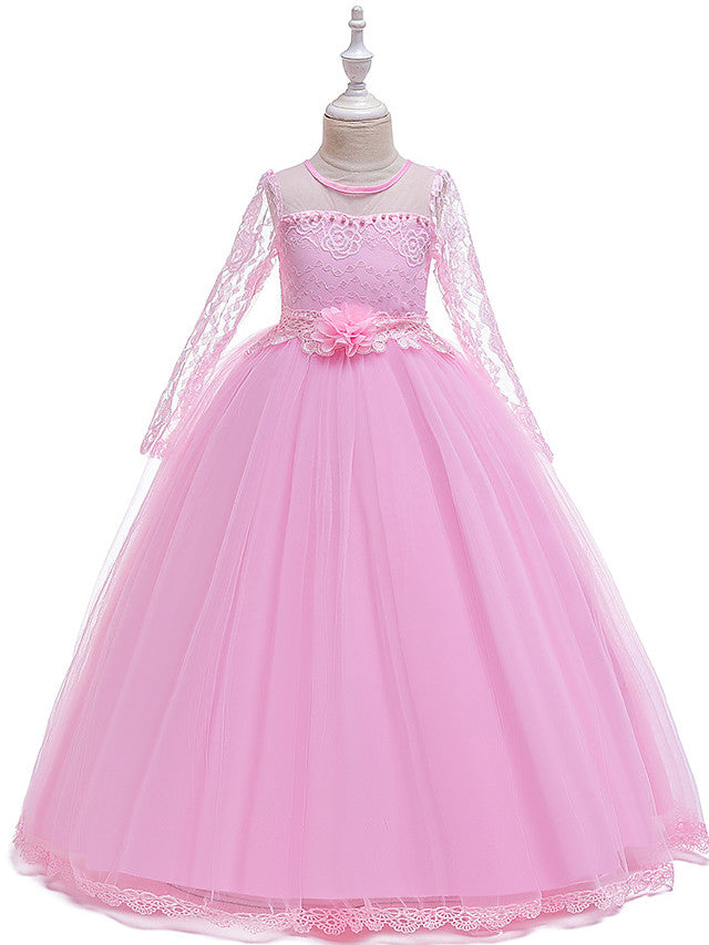 Long Princess Jewel Neck Party Pageant Flower Girl Dresses with Sleeves-27dress