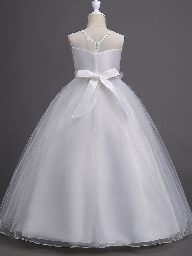 Long Princess Satin Tulle Sleeveless Jewel Neck First Communion Flower Girl Dresses-27dress