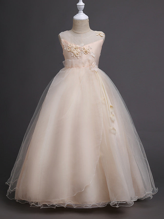 Long Princess Satin Tulle Sleeveless Jewel Neck First Communion Flower Girl Dresses-27dress