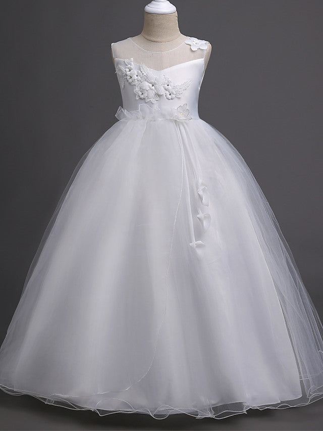 Long Princess Satin Tulle Sleeveless Jewel Neck First Communion Flower Girl Dresses-27dress