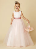 Long Princess Satin Tulle Wedding Birthday Pageant Flower Girl Dresses-27Dress