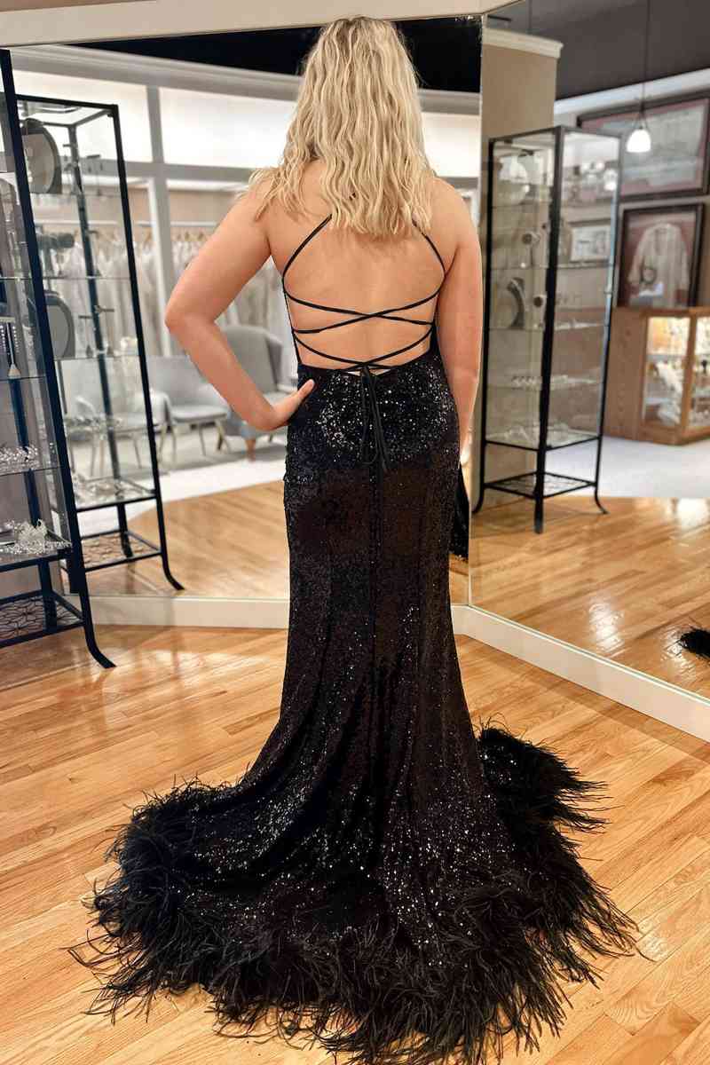 Long Sequined Straps Prom Dress with Feather Hem